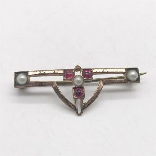 Antique Art Nouveau 9ct Roled Gold Seed Pearl Ruby Garnet Set Ladies Brooch