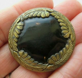 Awesome Xl Antique Vtg Celluloid In Metal Button W/ Feather Rim 1 - 1/2 " (i)