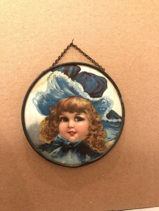 Antique Victorian Girl Blue Bonnet Chimney Flue Cover Stove Pipe