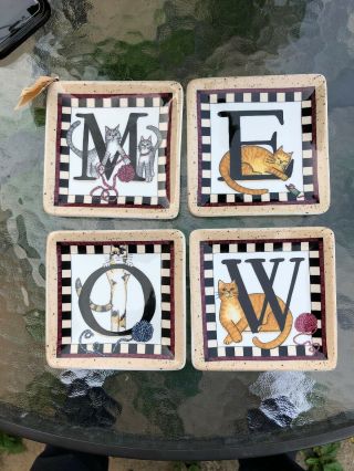 Fourt Ceramic Square 4” Plates By Linda Spivey Meow