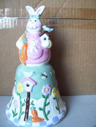 Rabbit Easter Big 9 " Tall Ceramic Figurine Bell With Carrot & Bird House