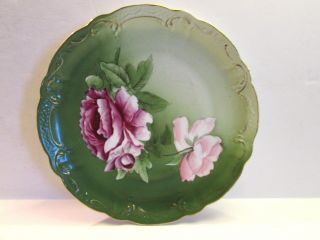 Vintage Hand Painted Plate Lg.  Fushia Red & Pink Rose Green Background 9 1/2 "