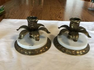 Vintage Ornate Marble Candle Holders Pair Flower Brass Gold Look Heavy Antique