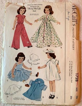 Vintage 1728 Mccalls 1952 Doll Clothes Sewing Org Pattern Uncut Toni Betsy Mccal