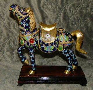 Vintage Chinese Cloisonne Blue Horse With Decorative Wooden Display