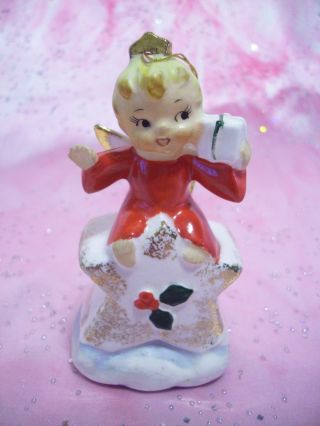 RARE VTG Napco Christmas Angel Girl on Ribbon Gift Box Bell Ornament Figurine 6