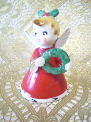 RARE VTG Napco Christmas Angel Girl on Ribbon Gift Box Bell Ornament Figurine 7
