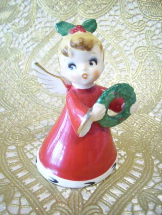 RARE VTG Napco Christmas Angel Girl on Ribbon Gift Box Bell Ornament Figurine 8