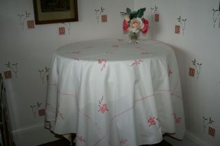 Gorgeous Vintage 50 " Hand Embroidered Linen Tablecloth Cherry Blossom.