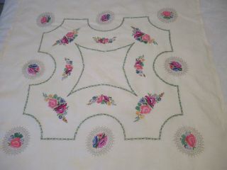 Vintage White Linen Tablecloth Dense Vivid Hand Embroidery Florals 100 Cms.  Sq.