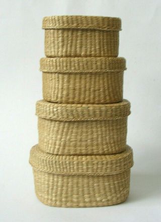 Vintage Seagrass Wicker Nesting Baskets Set Of 4 With Lids 4.  75 " - 6.  75 "