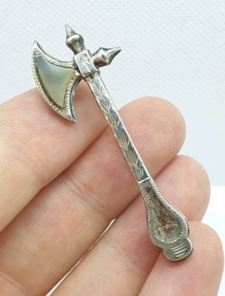 Antique Scottish Agate Sterling Silver War Axe Bar Brooch Pin Pebble Jewellery