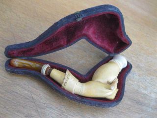 Antique Meerschaum Pipe & Case; Unusual Design; Requires Repair