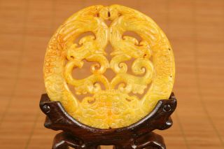 Old Jade Hand Carving Dragon Statue Pendant Netsuke With Wood Stand