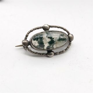 Antique Victorian Solid Silver Scottish Moss Agate Set Ladies Brooch