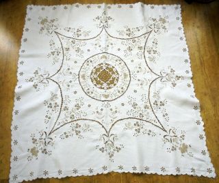 Madeira Lace Linen Tablecloth With Floral Cut Work,  Butterflies,  Flowers