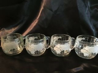 Vtg 4 Nestle Nescafe World Globe Earth Etched Clear Glass Coffee Cocoa Mugs/Cups 2