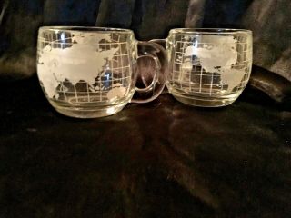 Vtg 4 Nestle Nescafe World Globe Earth Etched Clear Glass Coffee Cocoa Mugs/Cups 3