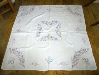 Hand Embroidered Large Linen Tablecloth With Daisy Flowers In Pastels Colours