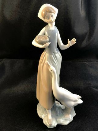 Lladro 1052 9.  5 " Girl With Duck Feeding Goose Figurine - Retired