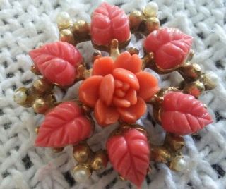 Antique Carved Red Rose Flower Leaves Faux Pearls Celluloid Brooch Pin