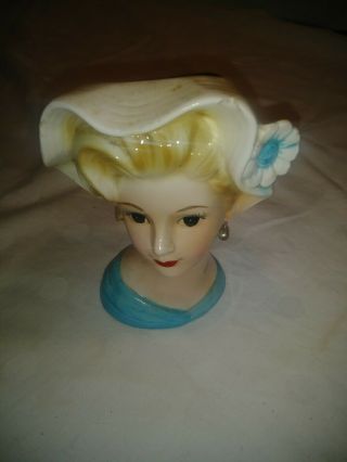 Vintage Ceramic Decorative Woman With White Hat With Blue Flower Bust 6 "