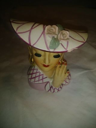 Vintage Ceramic Decorative Woman With Purple And White Hat Bust 5 "