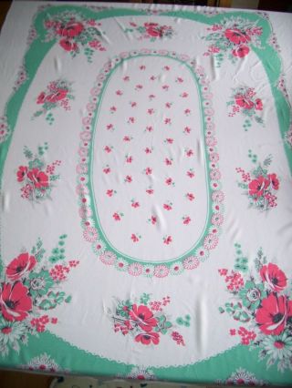 Vintage/retro Table Cloth With Pink And Green Floral Print