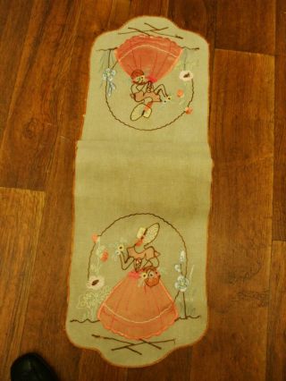 Vintage Table Runner With Applique Crinoline Ladies At Each End