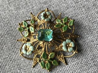Tg301 Vtg Antique Rhinestone Brooch Blue Green Flower Pin Gold Filigree Enamel