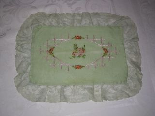 Vintage Chiffon Lace - Trimmed Silk Embroidered Green Pillow Case/sham/cover