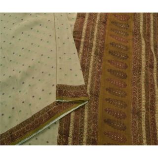 Sanskriti Vintage Cream Saree Pure Silk Woven & Printed Craft 5 Yd Fabric Sari