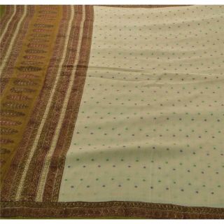 Sanskriti Vintage Cream Saree Pure Silk Woven & Printed Craft 5 Yd Fabric Sari 2
