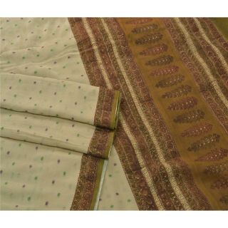 Sanskriti Vintage Cream Saree Pure Silk Woven & Printed Craft 5 Yd Fabric Sari 3