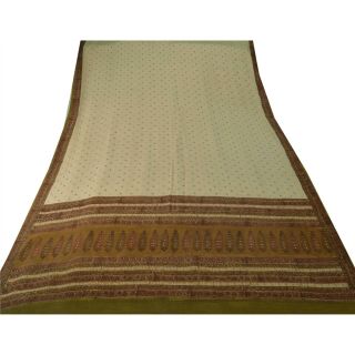Sanskriti Vintage Cream Saree Pure Silk Woven & Printed Craft 5 Yd Fabric Sari 4