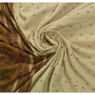 Sanskriti Vintage Cream Saree Pure Silk Woven & Printed Craft 5 Yd Fabric Sari 5