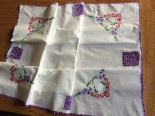 Vintage Hand Embroidered And Lilac Crochet Lace Insert Tablecloth,