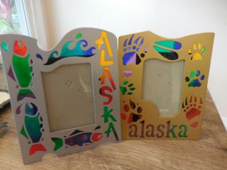 Two Metal Alaska Picture Frames Cut Out Stained Glass Design Fish Or Bear Paw