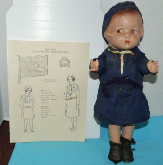 Antique 1920 - 30s Composition Doll 1938 Egypt Girl Guide/scout W Page 13 " 5 Jtd