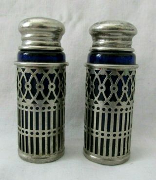 Vintage Silver Plated Salt & Pepper Shakers With Cobalt Blue Glass Liners Evc