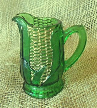 Small Green Glass & Gold Gilt Corn On The Cob Child Size Pitcher Or Creamer