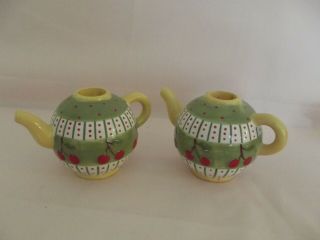 Set Of 2 1998 Mary Engelbreit Teapot Candle Holders Green Yellow Cherries Euc