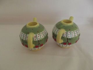Set of 2 1998 Mary Engelbreit Teapot Candle Holders Green Yellow Cherries EUC 3