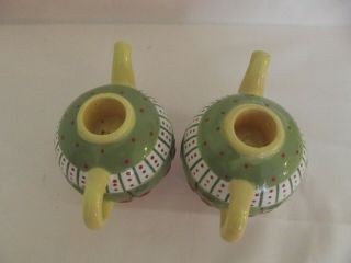 Set of 2 1998 Mary Engelbreit Teapot Candle Holders Green Yellow Cherries EUC 4