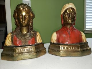 Vintage Beatrice & Dante By Marion Bronze Bookends Divine Comedy Majestic Pair