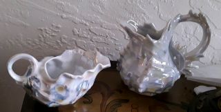 2 Antique Royal Bayreuth Shell Lusterware Creamer Sugar Bowl Blue & Orange Glaze