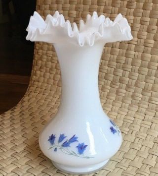 Vintage Victorian Vase Cornflower Blue Flowers On White Opaque Glass Ruffle Edg