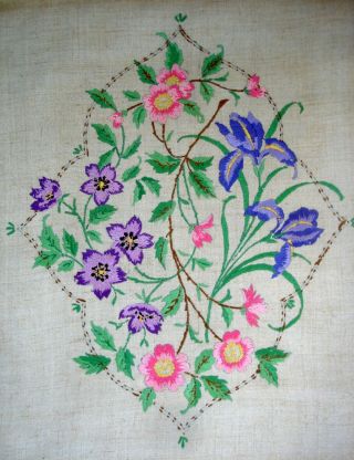 Vintage Large Compactly Hand Embroidered Unframed Linen Picture Floral Display