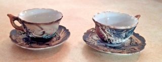 Vintage Moriage Japan Dragonware Mini Cup Saucers Gray White Pair Antique Dragon