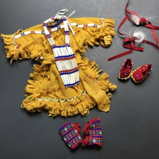 Vintage Native American Beaded Doll Dress Fringe Outfit Moccasins